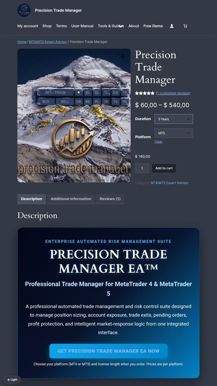 Precision Trade Manager Standard Pricing Plans: 1-Year $60, 5-Year $180, and 30-Year $540