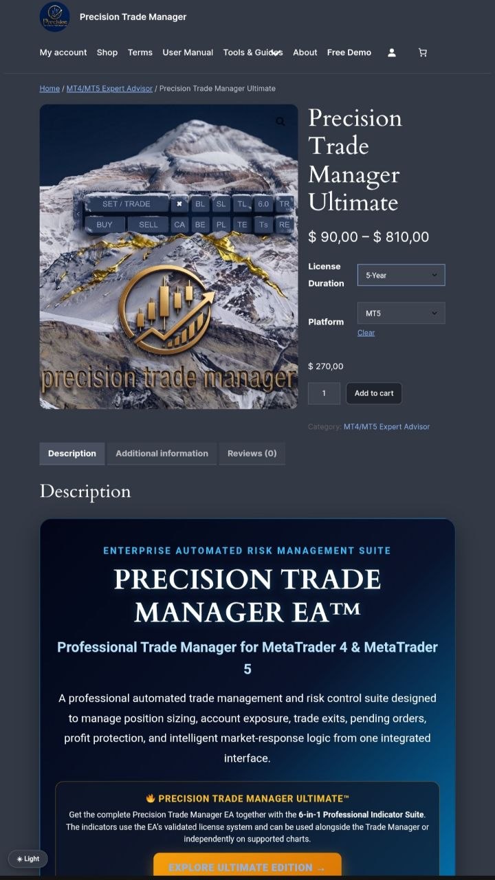 Precision Trade Manager Ultimate Pricing Plans: 1-Year $90, 5-Year $270, and 30-Year $810